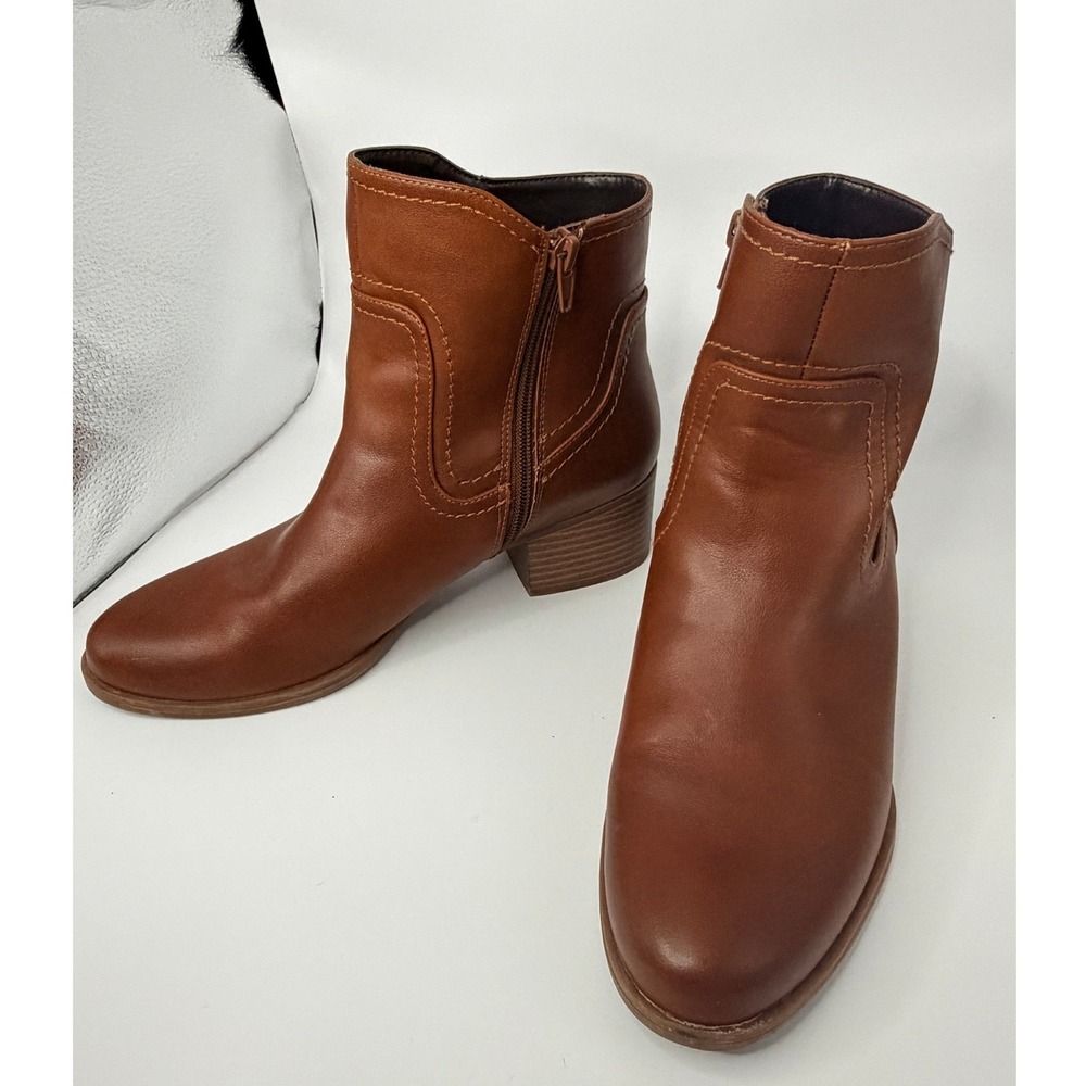 Naturalizer Kelby Cognac Brown Ankle Boots Western Stitch Block Heel Womens 8.5M - Picture 3 of 8